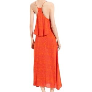 Thakoon Collective- Orange & Red Printed Thin Strap Ruffle Layered Midi Dress